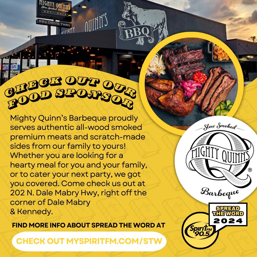 Shoutout to <a href="/MightyQuinnsBBQ/">Mighty Quinn's BBQ</a> on N. Dale Mabry for supporting us during our upcoming Spread the Word fundraiser! Consider stopping by Mighty Quinn's BBQ for your next meal. You can check out their website at mightyquinnsbbq.com 📲 #LiveWithSpirit #STW2024