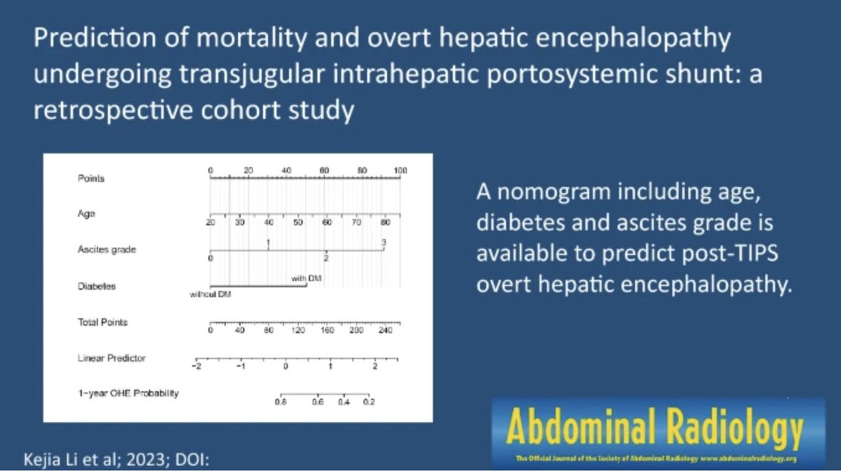 Prediction of mortality and overt hepatic encephalopathy undergoing transjugular intrahepatic portosystemic shunt: a retrospective cohort study

link.springer.com/article/10.100…

Kejia Li, et al.
#AbdRadJ

@RadGeek @LetDdiceFlyHigh @bobmarks76 

Gold Medal Presentations Tonight #SAR2024