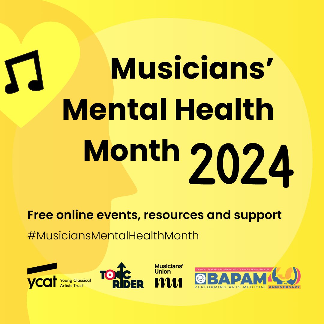 ☀️ Musicians’ Mental Health Month is back for 2024! ☀️ We’ve teamed up with @YCATrust, @ukbapam and @tonicmusicmh for a look at performance anxiety, with events and resources to support you Learn more at bit.ly/4cOo9Dd #MusiciansMentalHealthMonth