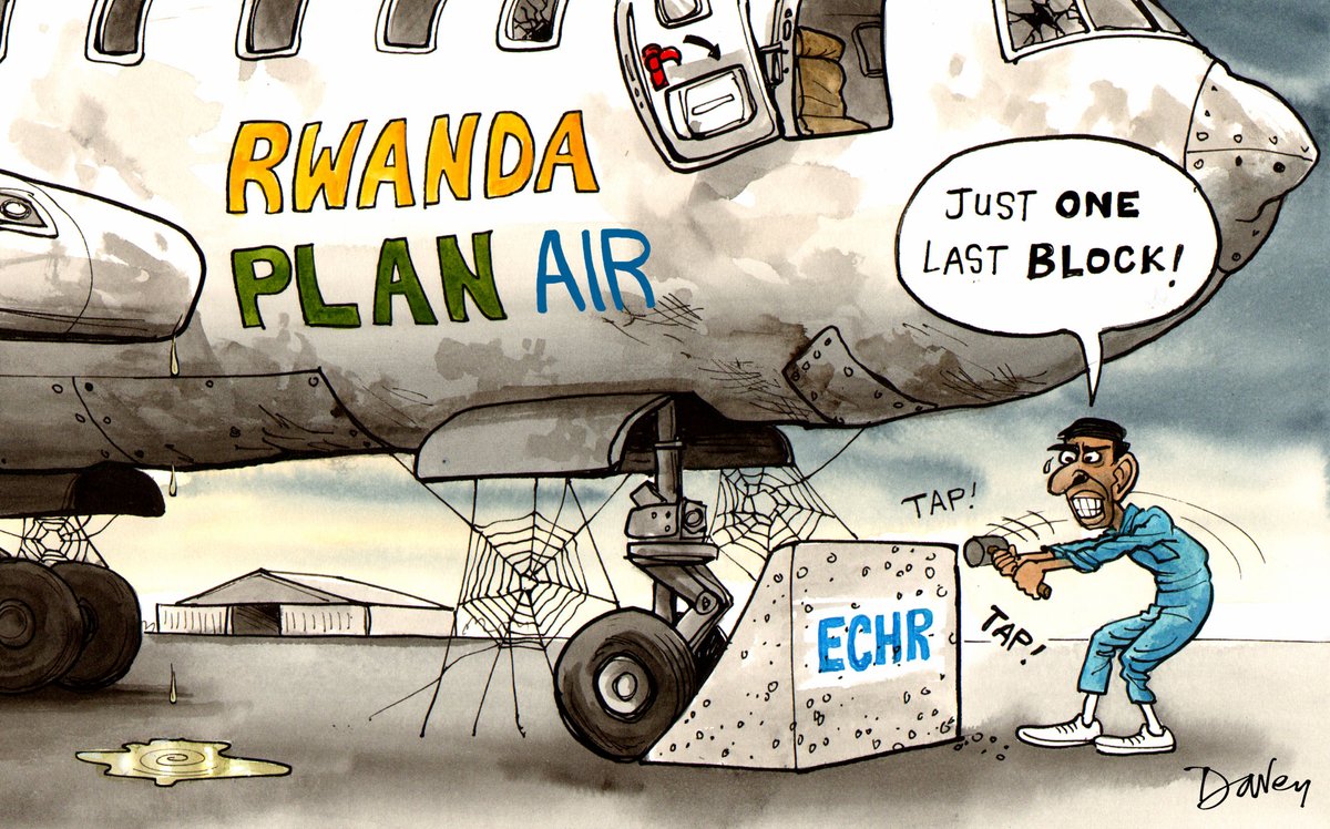 Sunak pledges to leave the ECHR if it stops flights to Rwanda. It's now a talisman for his govt. As long as he gets a few migrants off to Rwanda, all our problems - poverty, inequality, NHS, lack of homes, cost-of-living - will all vanish. Obvs. [Telegraph Saturday 6/4/24]