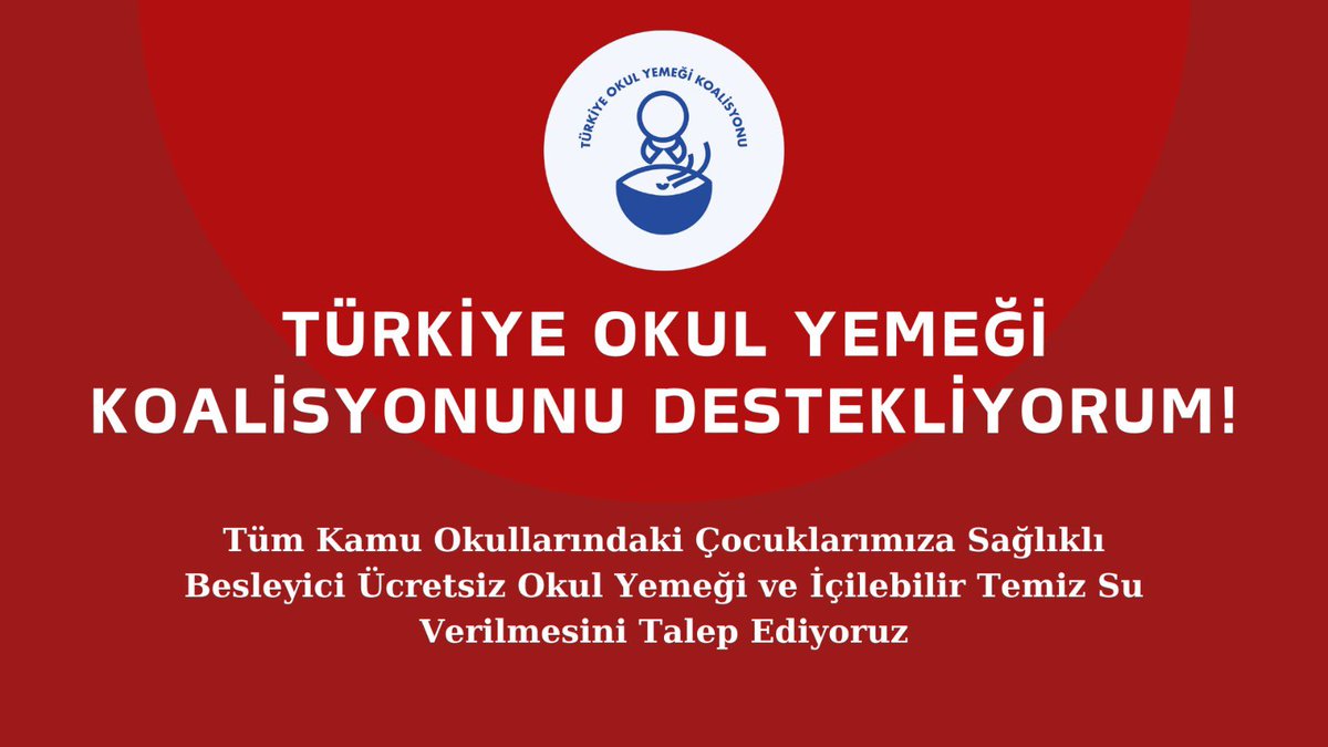 Tüm takipçilerimi
#TürkiyeOkulYemeğiKoalisyonu'nun ücretsiz okul yemeği ve içilebilir temiz su kampanyasına katılmaya çağırıyorum.

Beslenme her çocuğun temel hakkıdır!
#ÇocuklarAçSusuzKalmasın
#OkulYemeğiHemenŞimdi 
#ÇocuklarımızGeleceğimizdir