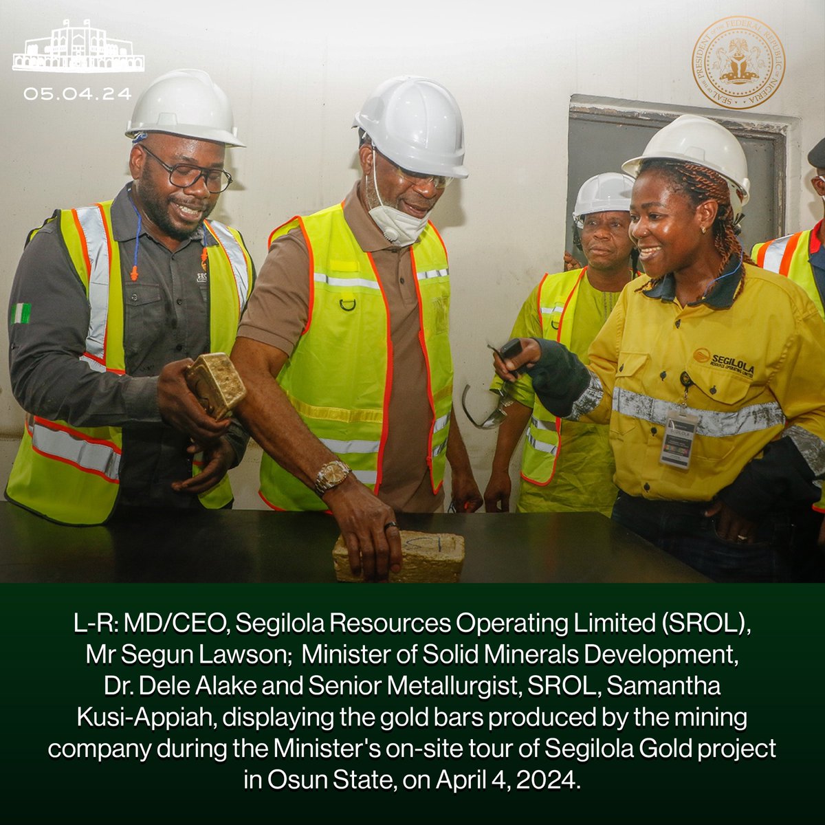 L-R: MD/CEO, Segilola Resources Operating Limited (SROL), Mr Segun Lawson; Minister of Solid Minerals Development, Dr. Dele Alake and Senior Metallurgist, SROL, Samantha Kusi-Appiah, displaying the gold bars produced by the mining company during the Minister's on-site tour of…