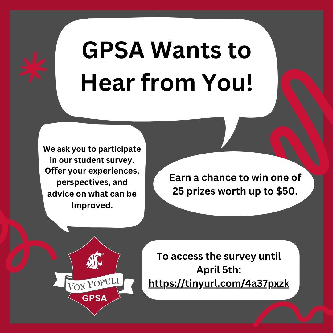 The deadline to participate in the GPSA Survey is today! April 5th! It takes only 20 minutes, & you may be one of the 25 winners of the food vouchers worth $50. Your insights are instrumental in shaping the future landscape of our graduate community. #WSU #GoCougs #WSUGradStudent