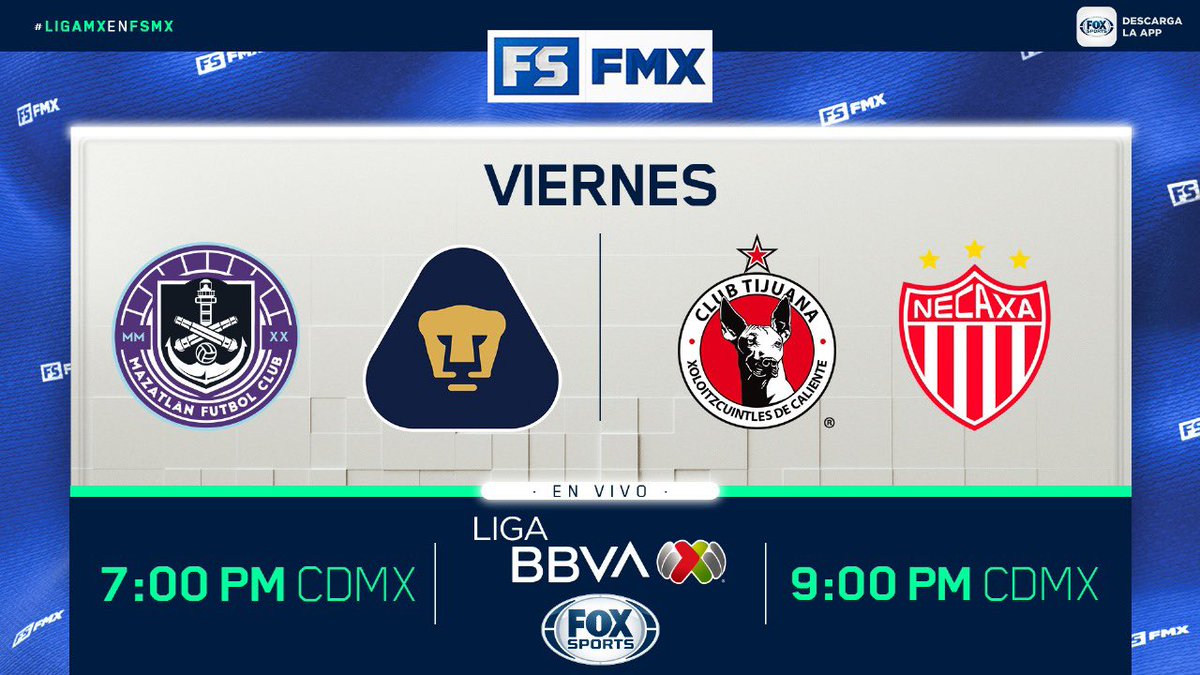 Los #CañonerosxFSMX reciben a los Pumas y los #XolosxFSMX se miden ante los Rayos en una emocionante doble cartelera de la #LigaMXenFSMX ⚽ 7PM CDMX - @MazatlanFC 🆚 @PumasMX 9PM CDMX - @Xolos 🆚 @ClubNecaxa Viernes en vivo por @FOXSportsMX