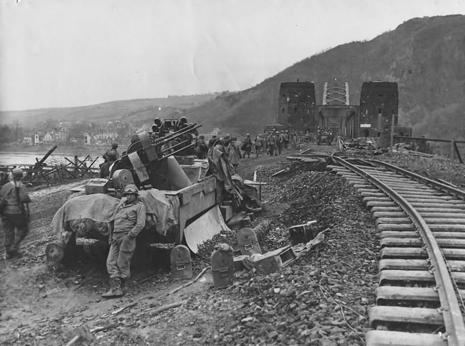 An M16 MGMC at the Ludendorff bridge in March 1945. #WWII #WW2