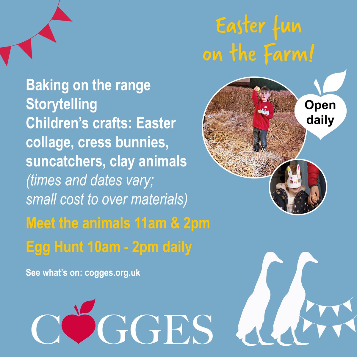 Lots going on at Cogges! Baking on the range (Sat 11am-2pm) and meet the animals 11am & 2pm at weekends. See the spring chicks, try children's crafts 11-3pm, go on the egg hunts (in the stable and around the grounds) and lots more! See what's on: cogges.org.uk/Event/easter-f…