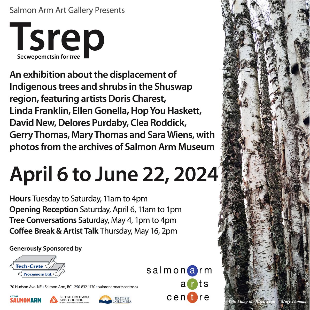 🌿🖼️Join us tomorrow at the Salmon Arm Arts Centre for the opening of 'Tsrep' an exhibition on displaced Indigenous trees and shrubs in the Shuswap. For more information, visit salmonarmartscentre.ca
#SalmonArm #Events #VisitorInfo #Art #IndigenousHeritage #SmallCityBigIdeas