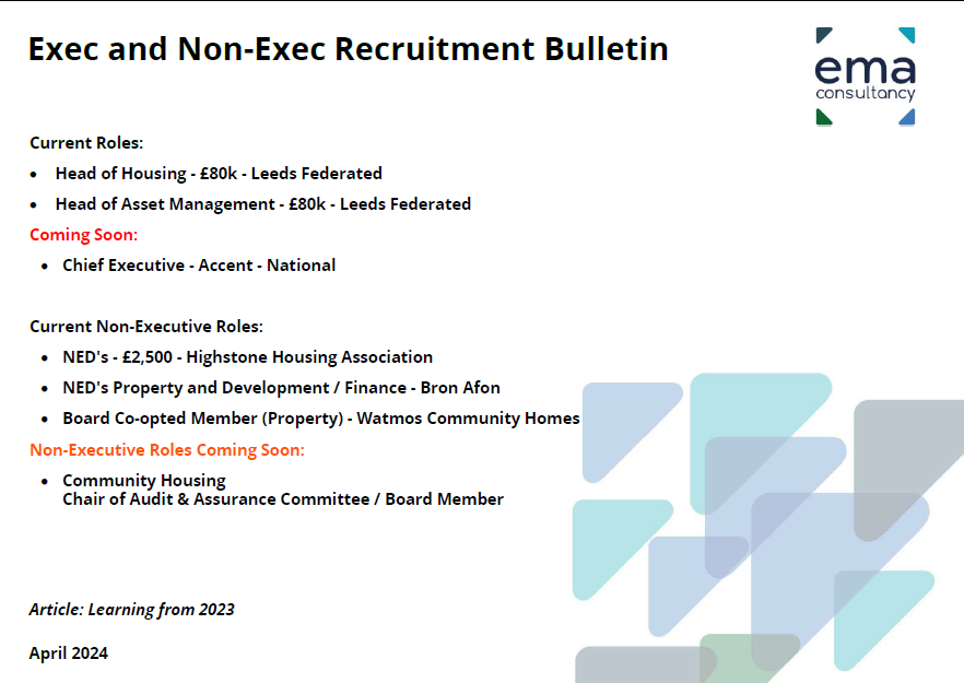@Ema_Consultancy recruitment bulletin featuring our latest and coming soon Executive and Non-Executive recruitment opportunities can be found @ emaconsultancy.org.uk/our-news/ema-e… 
 #housinguk #socialhousing #housingjobs #chiefexecutive #assetjobs #chair #boardrecruitment
