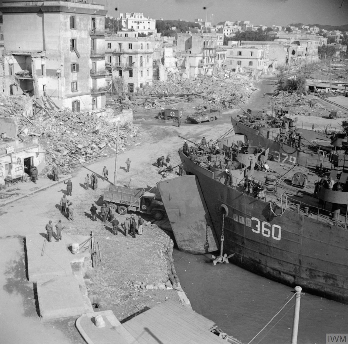 Stores were unloaded from Landing Ship Tank in Anzio harbour, 20 February 1944.