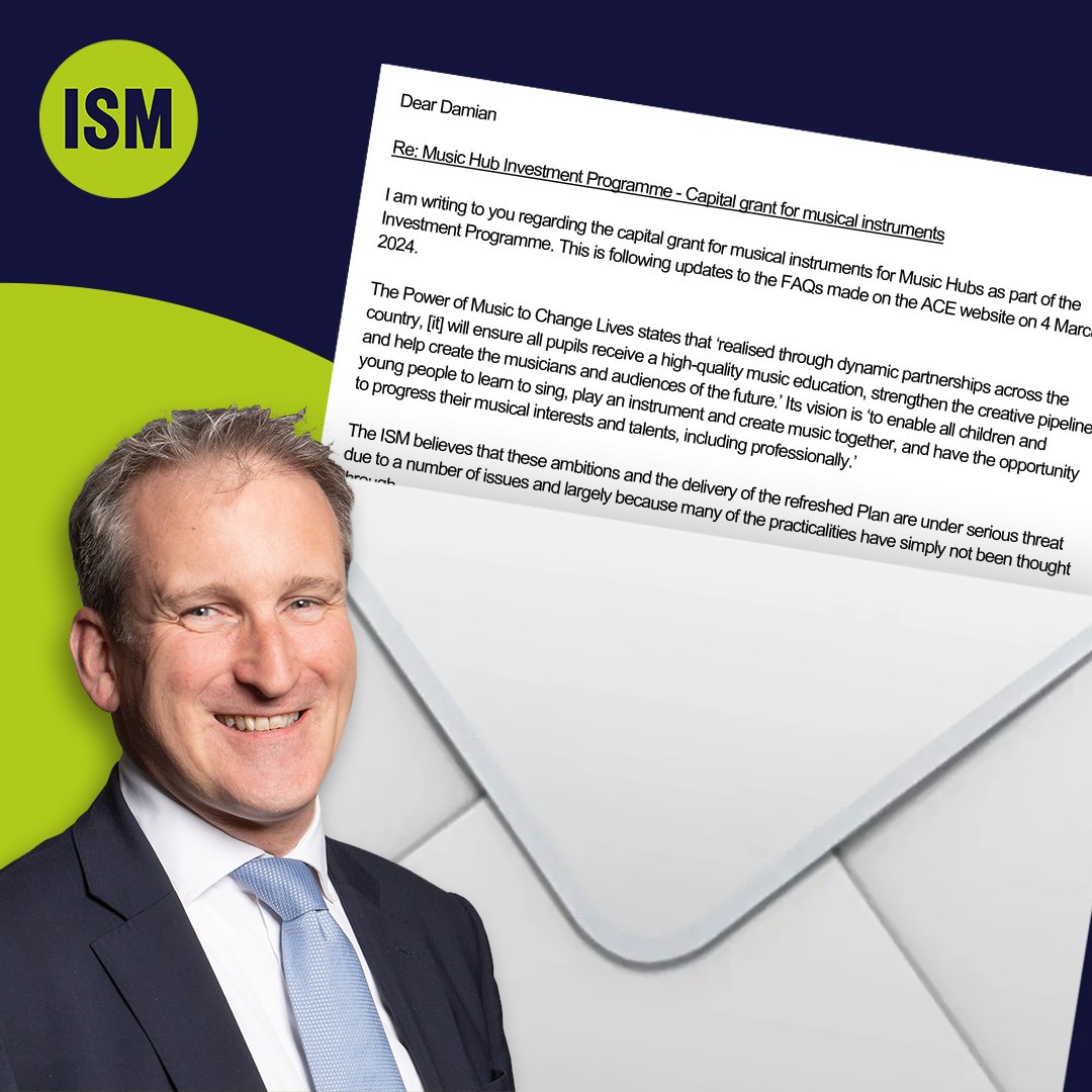 We welcome investment in music education, but we have some questions about the £25 million capital grant for musical instruments for music hubs 🎺 Read ISM Chief Executive @DeborahAnnetts' letter to Schools Minister Damian Hinds 👇 loom.ly/J9eVwIw