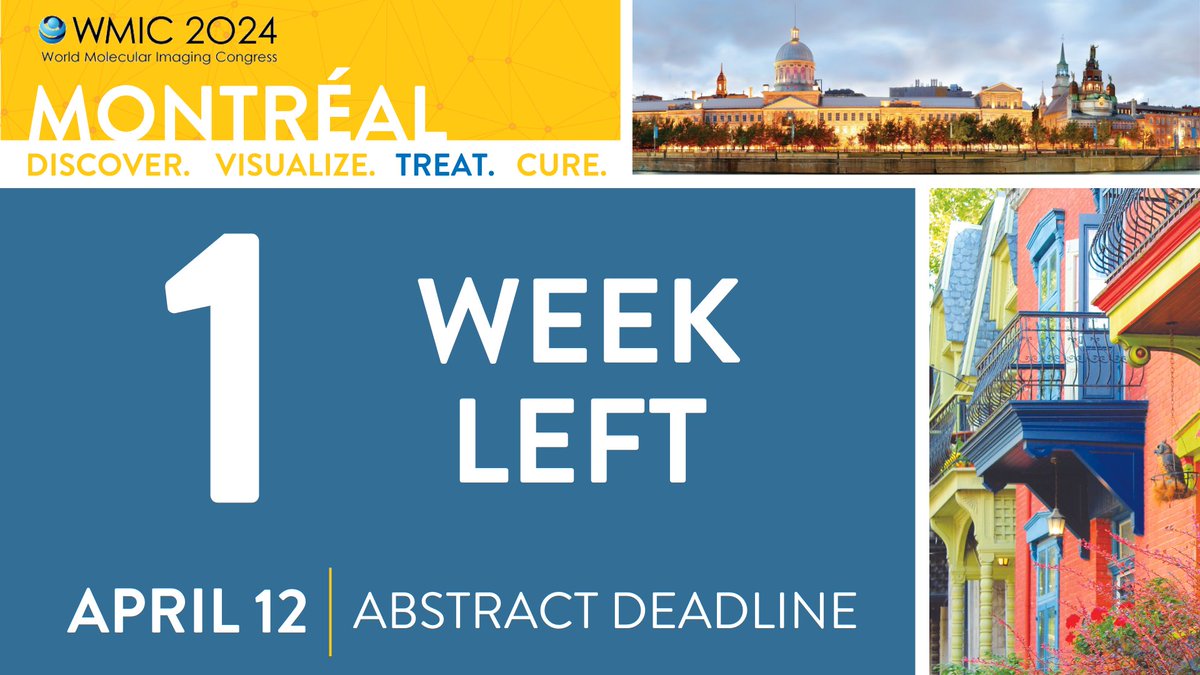 🚨 1 week left to submit your abstract for #WMIC2024! The deadline is April 12 - meaning this weekend is your LAST weekend to work on your abstract submission. Don't miss out! Submit here: ow.ly/YrnS50R9lWC #Discover #Visualize #Treat #Cure #MolecularImaging #Theranostics