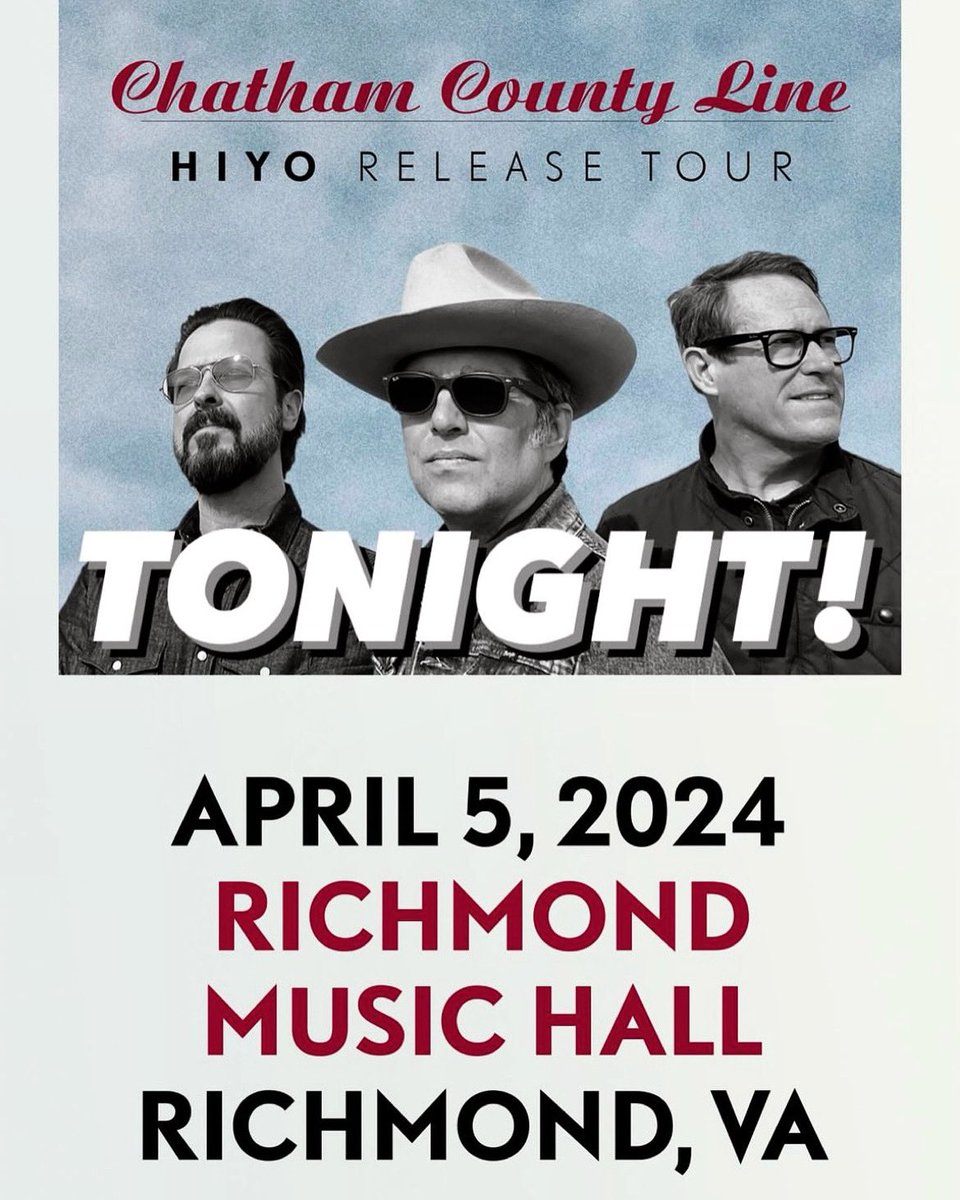 🚨TONIGHT- Friday, April 5th CCL performs live at Richmond Music Hall in📍Richmond, VA. ⏰Showtime at 8pm. See you soon! 🎟️: chathamcountyline.com