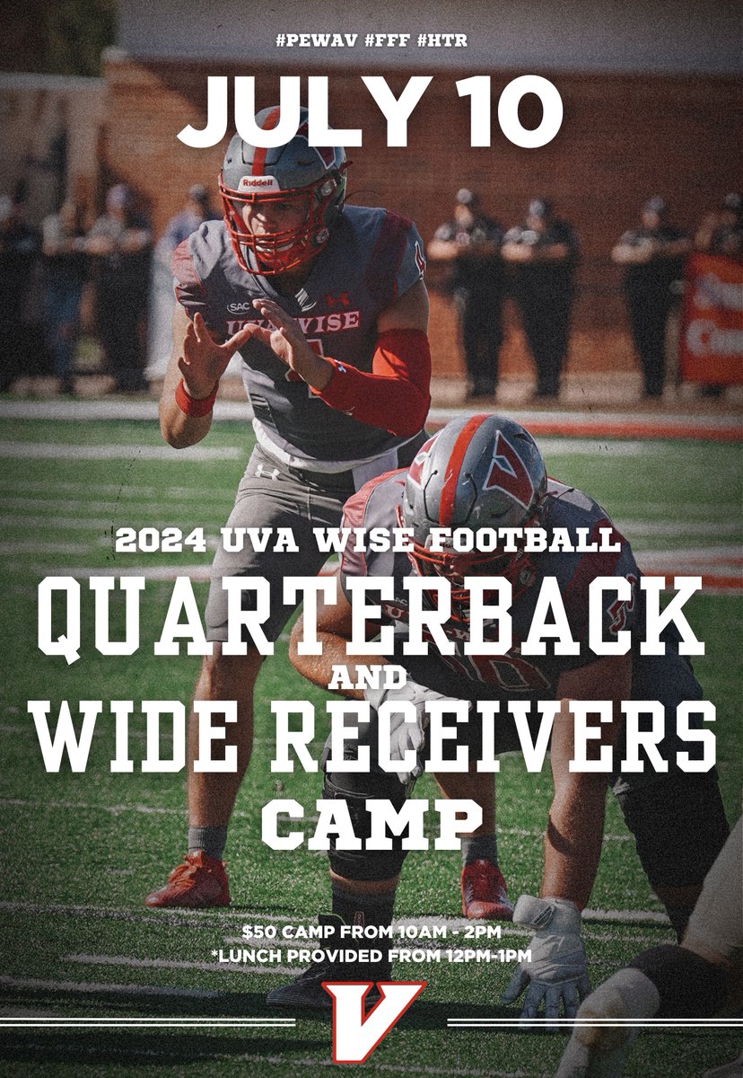 🚨ATTENTION RECRUITS🚨
COME MEET OUR STAFF AND PARTICIPATE IN OUR PROSPECT CAMPS!
WE HAVE ALSO ADDED A QB/WR CAMP ON WEDNESDAY, JULY 10TH!

PROSPECT CAMP: uvawisefootball.totalcamps.com/shop/product/3…
QB/WR CAMP: uvawisefootball.totalcamps.com/shop/product/3…
#PEWAV #FFF #HTR