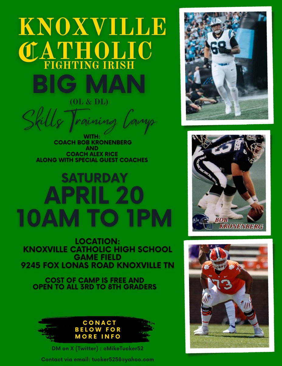 KCHS Football has had the privilege of some of the best lineman in our area to wear the 'Green and Gold' with 3 TSSAA Mr.Football award winners, numerous college players and current NFL player @cade_mays Sharpen your skills at our upcoming 'Big Man' camp on 4/20.