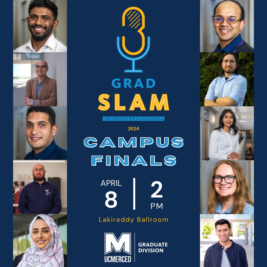 Who will be named @ucmerced's 2024 Grad Slam campus champion? Cheer on our finalists starting at 2 p.m. April 8. All are welcome! More info: ucm.edu/IPmxvB