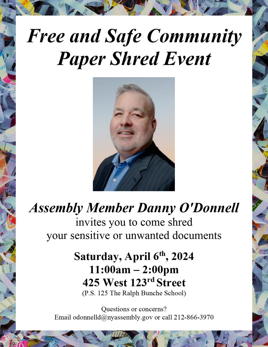 Ready for spring cleaning? 🌷🗂️ Join our Paper Shredding event TOMORROW, from 11:00 a.m. to 2:00 p.m. at 425 West 123rd St. Whether you have old bills, receipts, letters, or any other paper document, bring it along for secure, on-the-spot shredding. We hope to see you there!