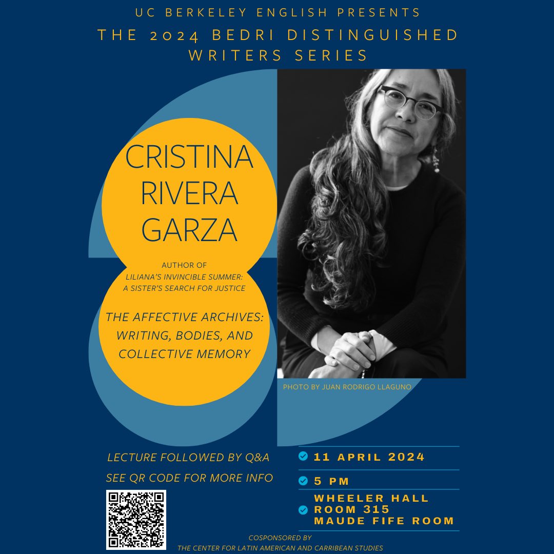 ‼️Next Thursday, 4/11, at 5‼️ We’re delighted to welcome author and Professor Cristina Rivera Garza, who will deliver the 2024 lecture in the Bedri Distinguished Writers Series, titled “The Affective Archives: Writing, Bodies, and Collective Memory.”