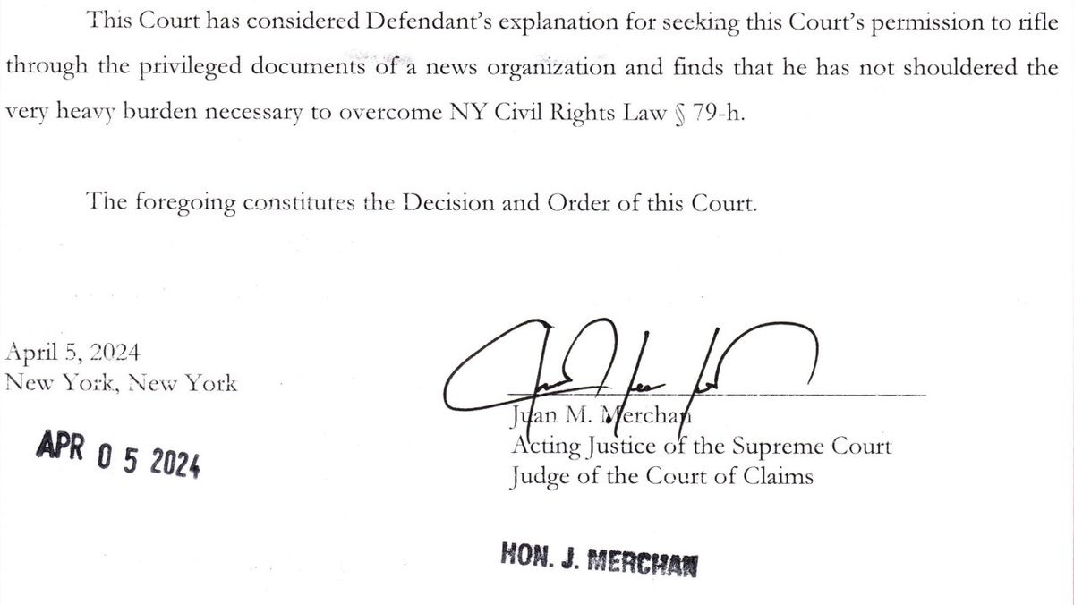 JUST IN: Judge MERCHAN has denied Trump's effort to subpoena NBC for details of the new Stormy Daniels documents. The judge said Trump has not met the 'very heavy burden' to 'rifle through the privileged documents of a news orgarization.' nycourts.gov/LegacyPDFS/pre…