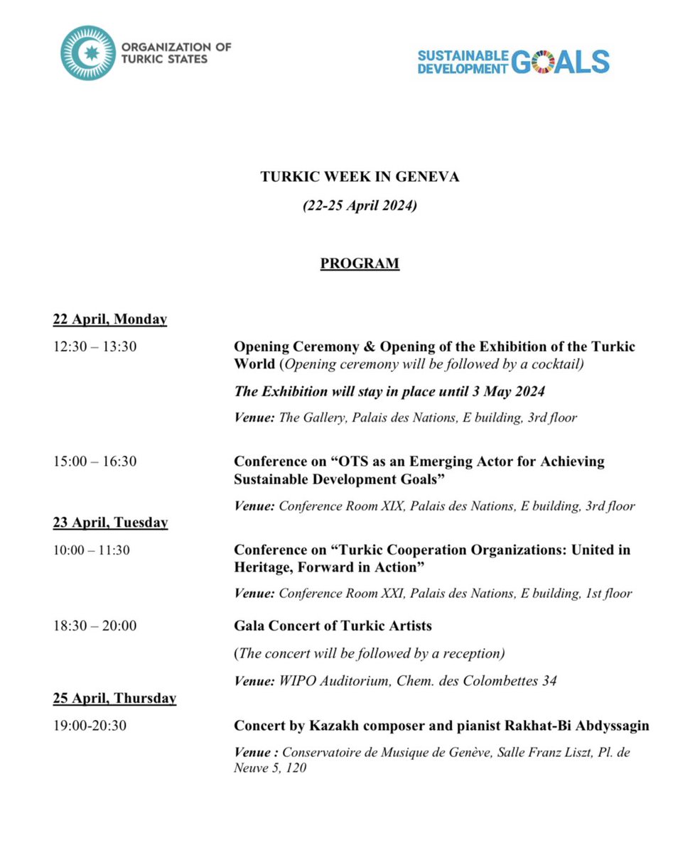 📣 We invite you to join us for a Turkic Week in Geneva on  22-25 April! 

The initiative is aimed at celebrating rich cultural heritage of Turkic nations & fostering international dialogue & cooperation. 

➡️RSVP: docs.google.com/forms/d/e/1FAI…

#TurkicWeekGeneva
#TogetherWeAreStronger