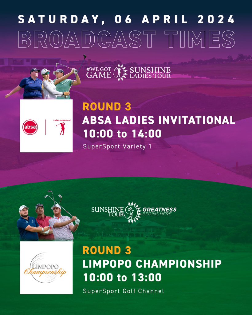 📺 Weekends are for live golf. ⛳️ 

Catch the @SLadiesTour and @Sunshine_Tour live on @supersporttv from 10:00am on Saturday 6th March 2024.

#AbsaLadiesInvitational | #LimpopoChampionship