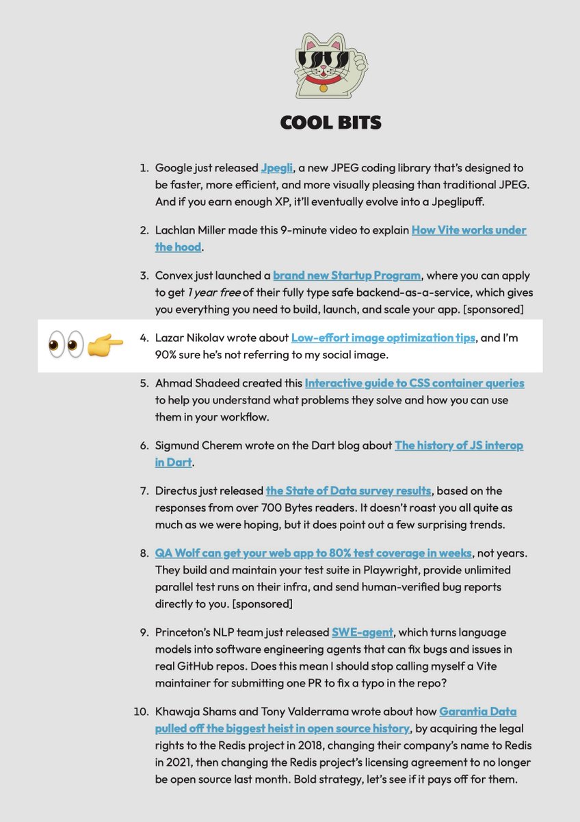 Bytes (@uidotdev) featured my image optimization article in today's newsletter! If you haven't subscribed yet, 🗣️ YOU'RE MISSING OUT 🗣️