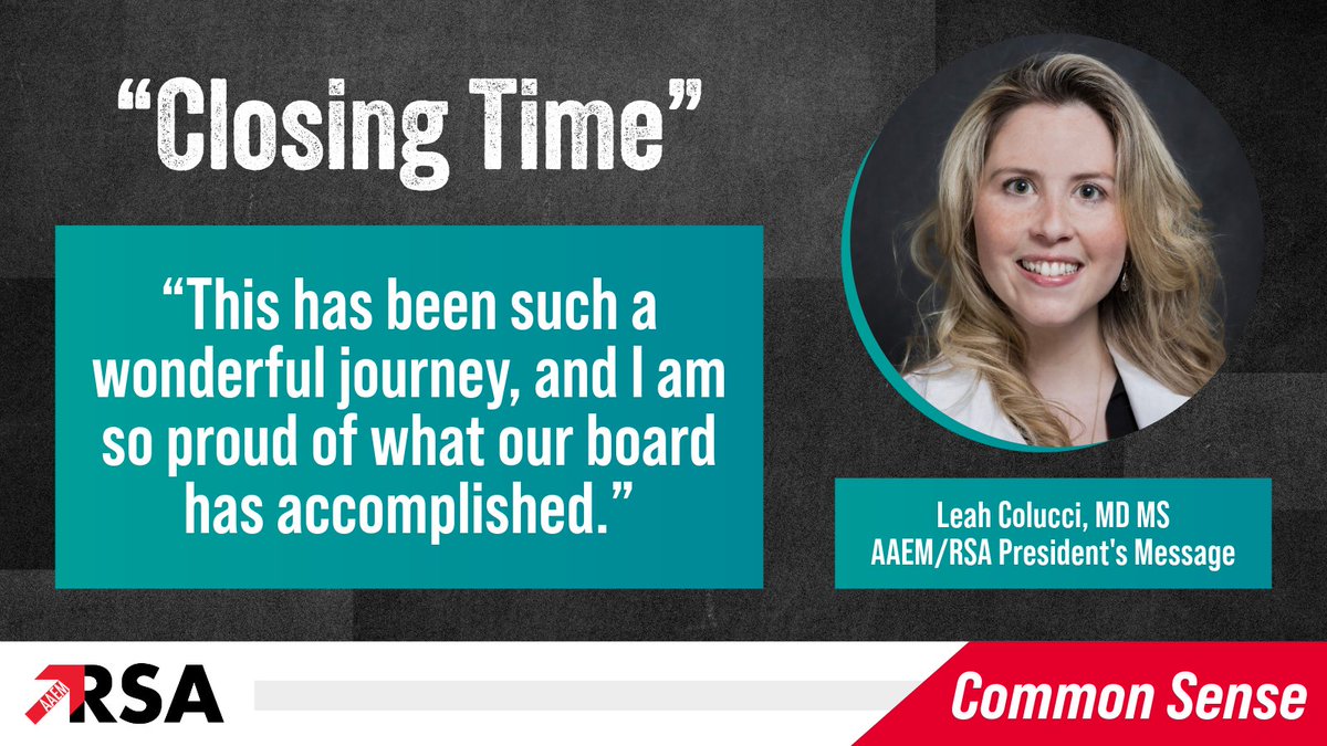 Continue reading Dr. @LeahColucci's final AAEM/RSA President’s Message for a recap of her two years as president and all that has been accomplished: bit.ly/3VIhKn4