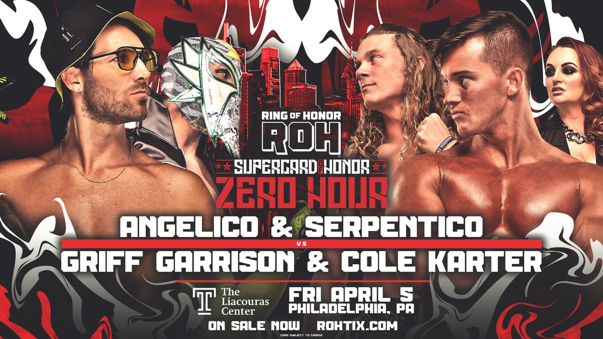 ringofhonor's tweet photo. TONIGHT!
Philadelphia, PA | @LiacourasCenter
#ROHSupercardOfHonor: ZERO HOUR
Griff Garrison &amp; Cole Karter vs. Angelico &amp; Serpentico.

After months of blindside attacks &amp; taunting, @KingSerpentico tricked @realcolekarter &amp; @griffgarrison1 into a tag team match on ZERO HOUR! https://t.co/GXKnsNT0Ha