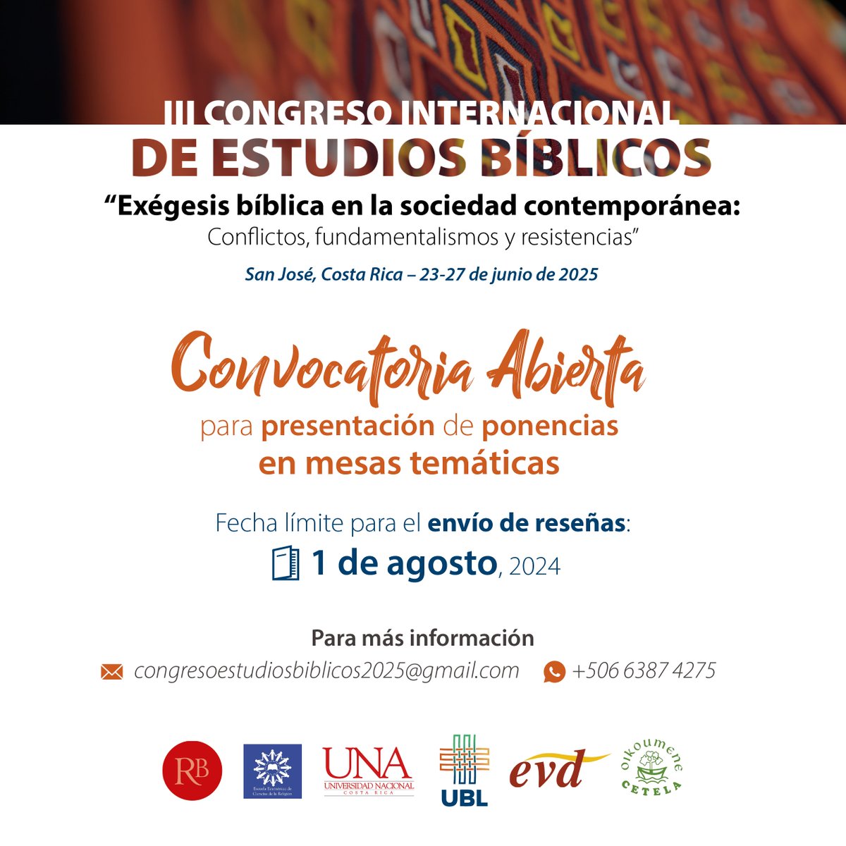 Tercer Congreso Internacional de Estudios Bíblicos 📖

📣 Convocatoria abierta 📣Presentación de ponencias para mesas temáticas "Exégesis bíblica en la sociedad contemporánea: Conflictos, fundamentalismos y resistencias"

📑 Convocatoria drive.google.com/file/d/1j9IUxL…