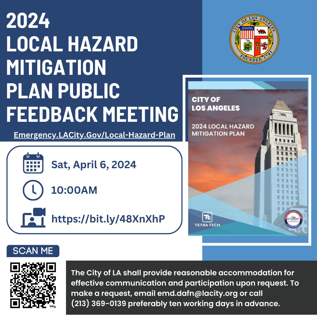 Join us tomorrow @ 10am for a virtual event hosted by the City of LA's Emergency Management Department @readyla! We're seeking your feedback on the 2024 Local Hazard Mitigation Plan to ensure our community's safety and resilience. Learn more and register: emergency.lacity.gov/Local-Hazard-P…