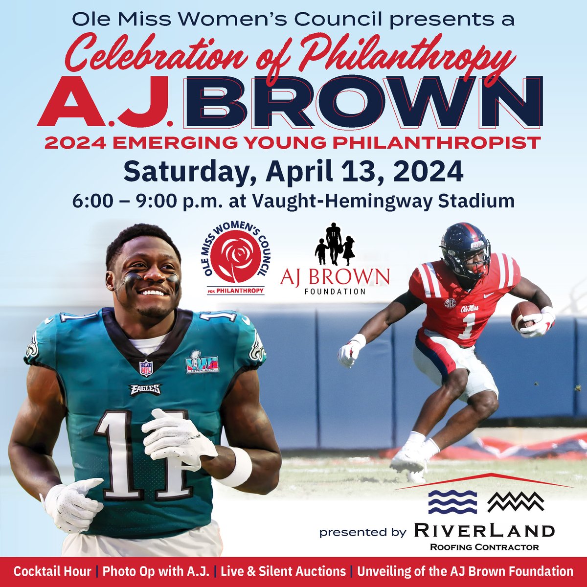 Calling all football fans and philanthropists! We cannot wait to see you all on Saturday, April 13 to celebrate A.J. Brown, legendary Ole Miss Rebel and celebrated NFL wide receiver for the Philadelphia Eagles. Learn more at umfoundation.com/rck.