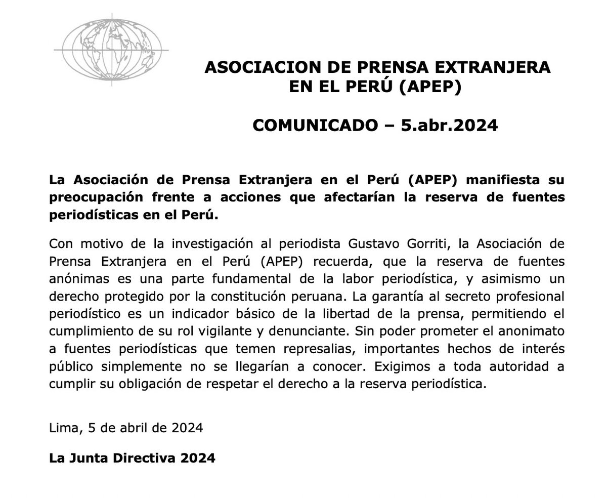 APEP manifiesta su preocupación frente a acciones que afectarían la reserva de fuentes periodísticas en el Perú