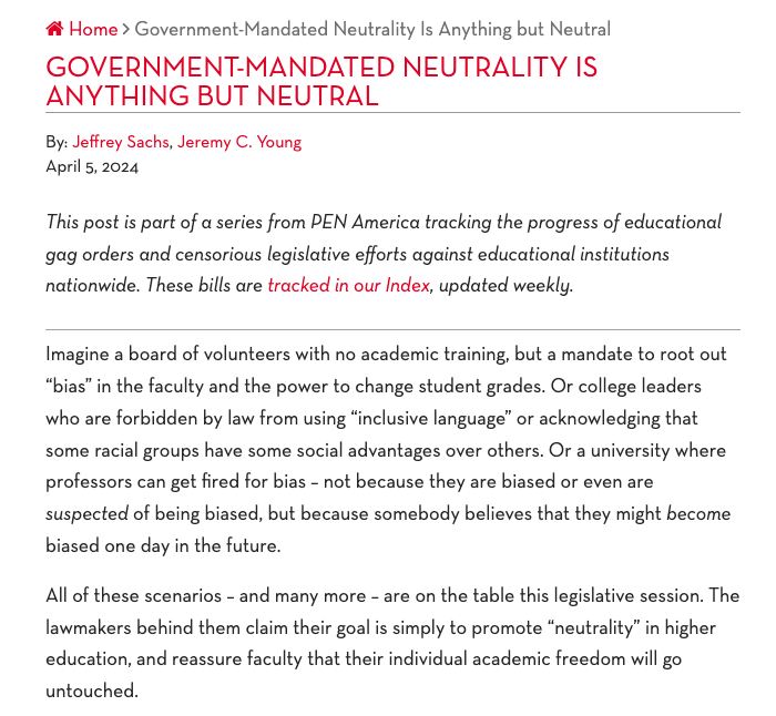 New from me and @jeremycyoung over at @PENamerica: Lawmakers are trying to legislative 'neutrality' onto higher ed. It is not going well.