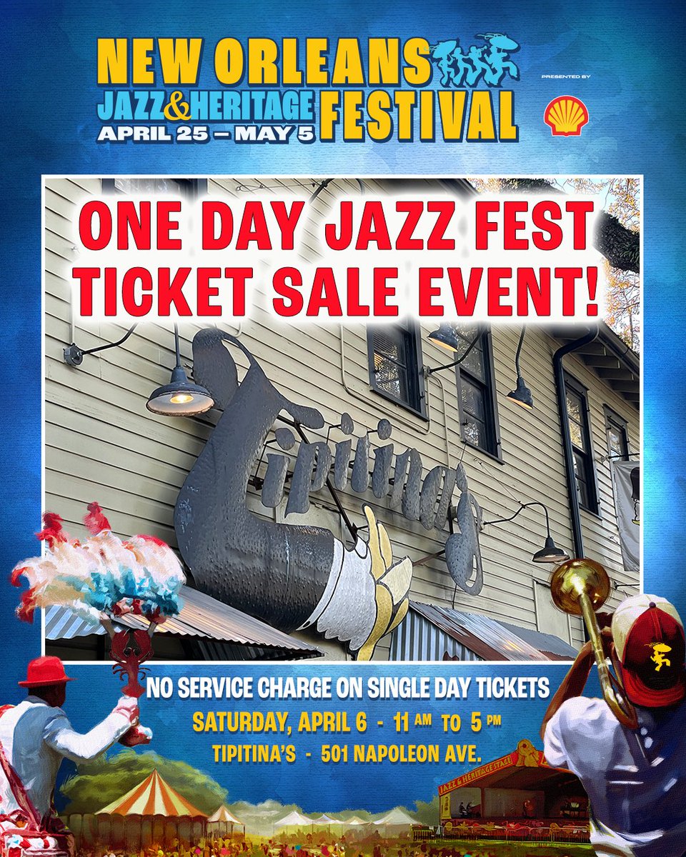 Don’t forget! Tomorrow is our one-day Jazz Fest ticket sale at Tipitina's! Saturday, April 6. 11 am to 5 pm. 501 Napoleon Ave. No service charge on single-day tickets. Payment must be made with a credit card (no cash accepted). #jazzfest #tipitinas