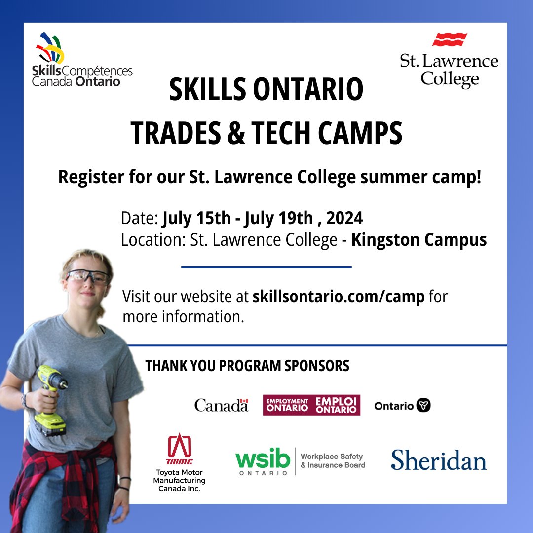Spots are now available for our Trades & Tech Camp with St. Lawrence College (@whatsinsideslc)! Youth can explore #SkilledTrade and #Technology careers through fun, hands-on activities. To register for this week-long day camp program, visit skillsontario.com/camp @SkillsOnSC…