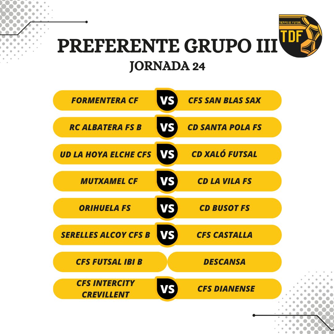 Tiempo de Futsal (@tdfutsal) on Twitter photo 𝘗𝘙𝘌𝘍𝘌𝘙𝘌𝘕𝘛𝘌 𝘎𝘙𝘜𝘗𝘖 𝘐𝘐𝘐. 𝘑𝘖𝘙𝘕𝘈𝘋𝘈 24
⭐ El <a href="/Orihuela_fs/">Orihuela Fútbol Sala 💜⚽</a> y el <a href="/busot_fs/">C.D.Busot FS</a> se enfrentan este domingo en un "Bernardo Ruíz" inexpugnable en el que los oriolanos todavía no han cedido puntos en la presente campaña. Ambos afrontan el compromiso sabedores de la 𝘗𝘙𝘌𝘍𝘌𝘙𝘌𝘕𝘛𝘌 𝘎𝘙𝘜𝘗𝘖 𝘐𝘐𝘐. 𝘑𝘖𝘙𝘕𝘈𝘋𝘈 24
⭐ El <a href="/Orihuela_fs/">Orihuela Fútbol Sala 💜⚽</a> y el <a href="/busot_fs/">C.D.Busot FS</a> se enfrentan este domingo en un "Bernardo Ruíz" inexpugnable en el que los oriolanos todavía no han cedido puntos en la presente campaña. Ambos afrontan el compromiso sabedores de la