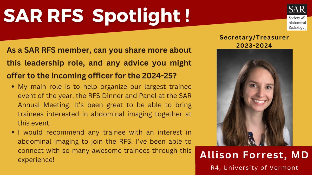 💥⚠️ Attention #RadRes! Just 🕒 4 DAYS REMAIN 🕒 to get your applications in for the 2024-25 @SAR_RFS leadership roles. Apply today: forms.gle/fSK2iFg3SnM9ig… Hear what our Secretary/Treasurer @AllisonForrest says about the importance of leadership within SAR-RFS.