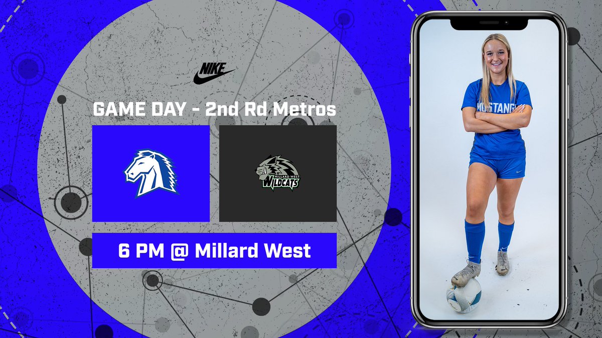 Let's go again Mustang Nation! Rd 2 of Metros as we take on the Millard West Wildcats! Come out and support your Mustangs! #rollstangs @mngv_soccer @addalyn_rooney 🏟️ - Millard West 🕕 - 6 PM