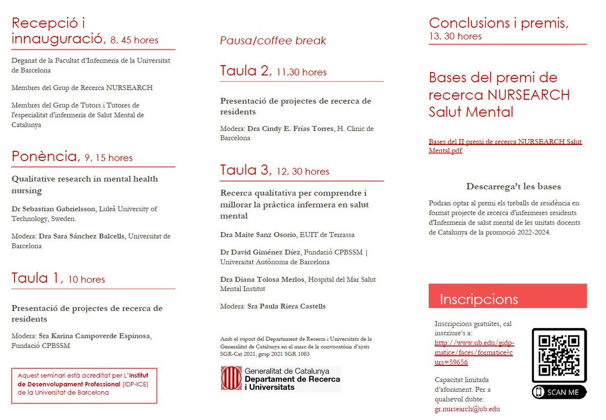 A punt el programa de II Seminari NURSEARCH de Salut Mental 👉acortar.link/wbAOrA
Obertes les inscripcions ✏️ub.edu/gidp-matice/fa…
Enguany amb el Dr Gabrielsson de Suècia i amb el II premi de recerca al millor TFR!!!
🗓️ 6 de maig al campus Bellvitge de la <a href="/enfermeriaub/">Infermeria UB</a>