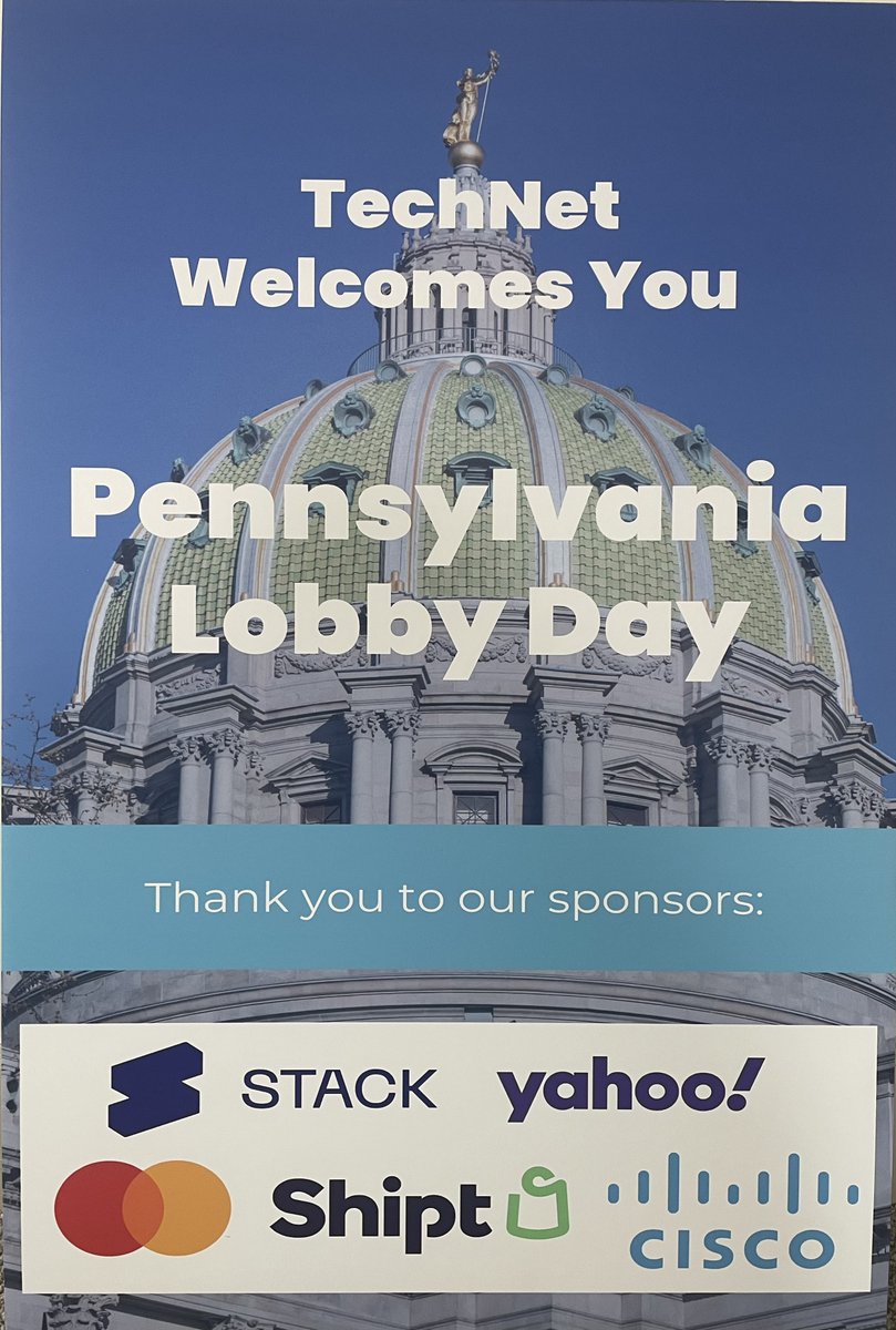 .@TechNetUpdate is excited to welcome its members to Harrisburg, PA on Tuesday, April 9 for Lobby Day. Special thanks to our sponsors: Stack AV, @Yahoo, @Mastercard, @Shipt, and @Cisco.