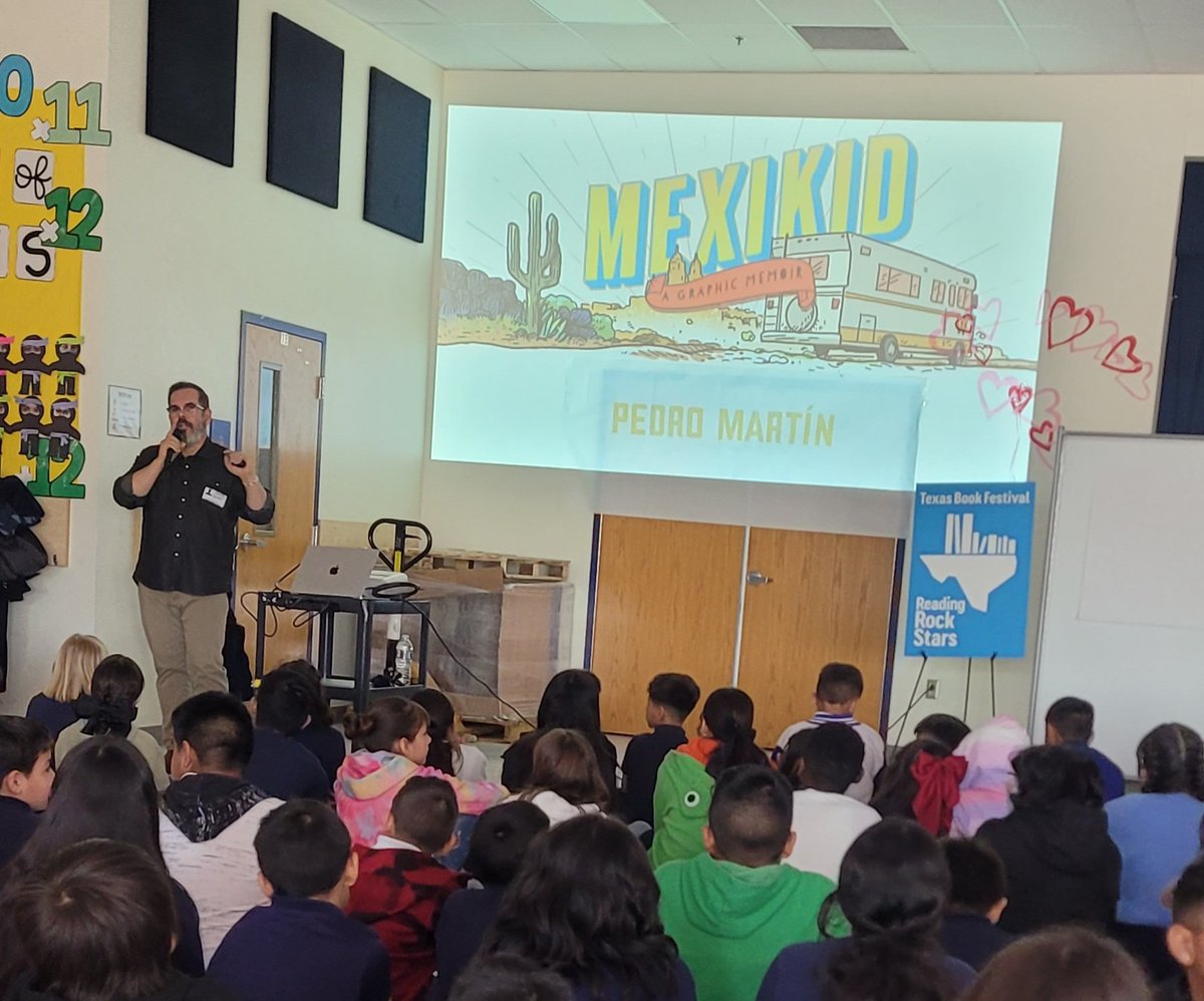 Shout out to the @texasbookfest for visiting @HartGoCubs @ELPASO_ISD Students were excited to meet author Pedro Martín AND receive a copy of his 🏅 Newbery Honor Award Winning book Mexikid!🌵📖