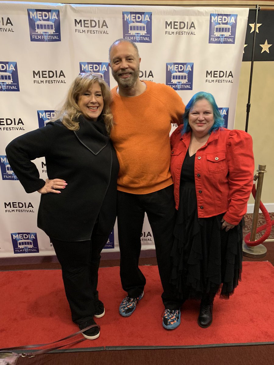 Friday night date night is the #mediafilmfestival! Posing with Tammy from @mediaartscouncil and some guy in an orange sweater. Glad I took a nap. And didn’t feel the earthquake…yet.