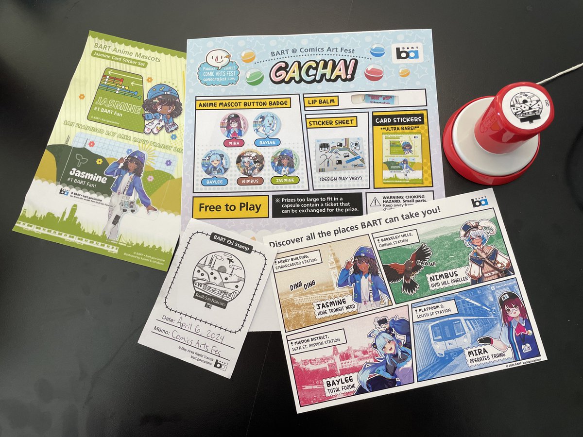SFBART's tweet photo. We are bringing our anime mascots to the #PeninsulaLibrariesComicArtsFest2024 tomorrow (Saturday 4/6).

The SSF Public Library is walking distance from our SSF Station.

Bring your BART stamp rally passport. or get one there, and play our gacha-ball machine for prizes. https://t.co/q2FdBnwADp