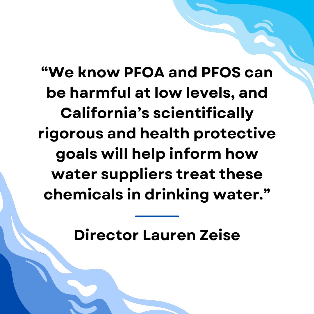 Today, OEHHA adopted health-protective goals for “forever chemicals” PFOS and PFOA in drinking water. The goals provide important guidance to @CAWaterBoards to inform future drinking water standards. Press release➡️bit.ly/3JeazeJ Website➡️bit.ly/3J88pNL