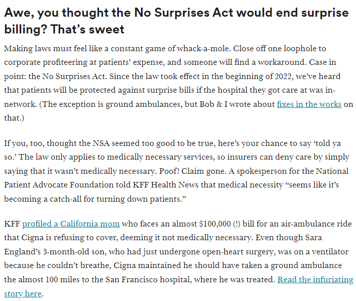 This, from @TaraBannow, speaks to the need to incorporate coverage requirements into ambulance surprise billing protections. I'd expect a similar insurer response to ground amb protections, particularly if prices are mandated far above today's rates (as recent state laws do).