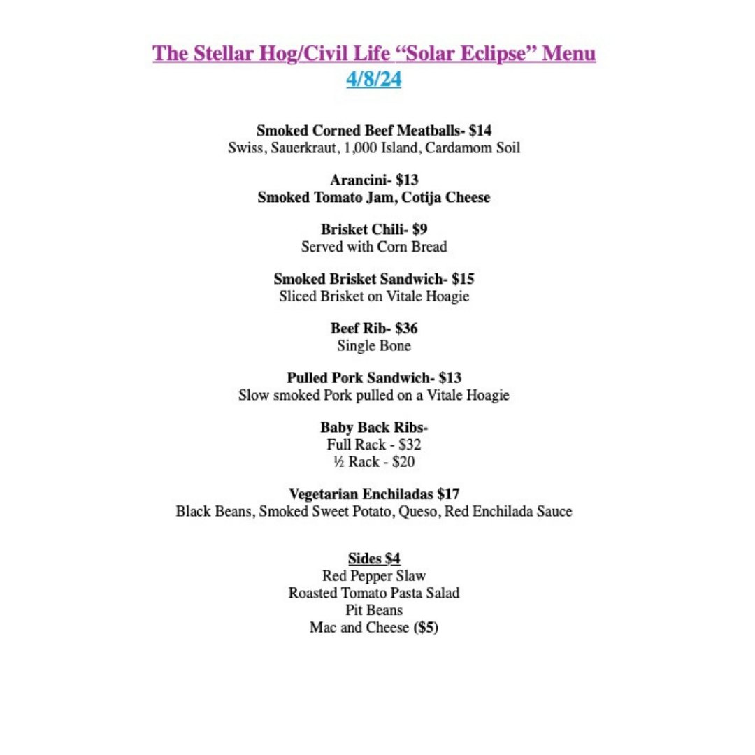 MENU DROP for the Stellar Eclipse Civil Life Kitchen Takeover on Monday, April 8th from 5 to 9 pm!