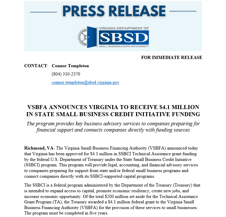 VSBFA announces Virginia to receive $4.1 million in State Small Business Credit Initiative funding. Read the full release here: sbsd.virginia.gov/2024/03/vsbfa-…