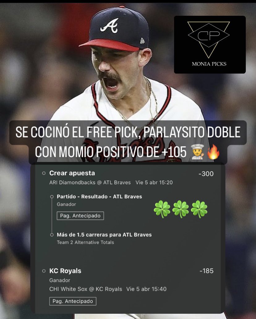 SALIENDO DE LA COCINA BANDA 👨‍🍳🔥⚾️
Y salió parlaysito doble de la MLB, con momio positivo de +105, jálense un rato a sufrirle conmigo 😅

GRUPO GRATUITO: t.me/moniapicks