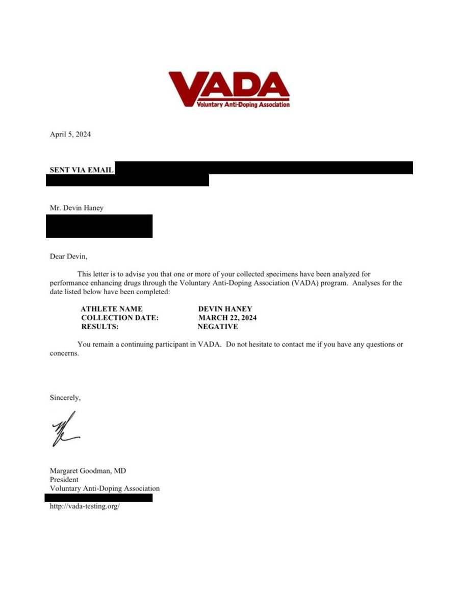 📷 Please find below April 5, 2024 letter 2 @Realdevinhaney from @vada_testing w/ ALL NEGATIVE test results for ALL prohibited substances. Devin has always been a CLEAN BOXER with FULL TRANSPARENCY. GO Team Devin Haney! @BillHaney77 @Ryangarcia @goldenboyboxing @EddieHearn