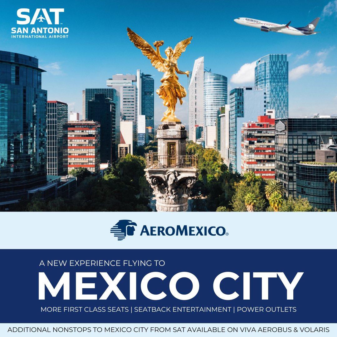 This summer, @Aeromexico’s afternoon flights will be operated by larger aircraft! ✈️ This means more space, additional premium seats, seatback entertainment and a better journey to Mexico City. #flySAT
