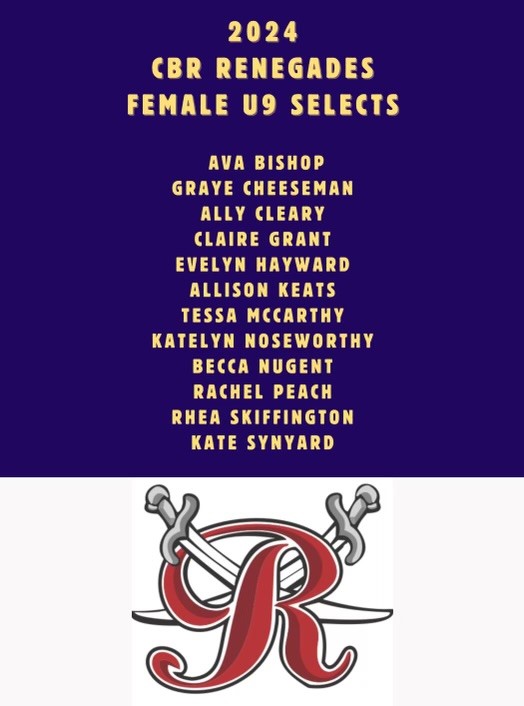 Congrats to all players named to our 2024 Female U9 Selects Team representing CBR .

Go Renegades Go!